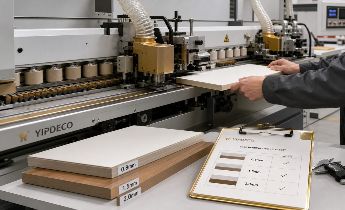 Edge banding thickness testing on production machine